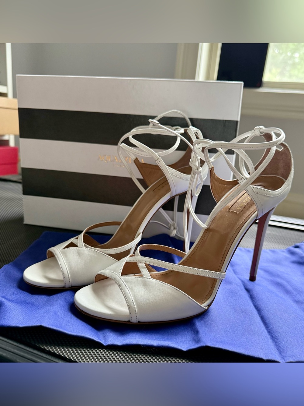 Aquazzura Nathalie White Leather Strappy Lace-Up Stiletto Sandals